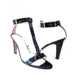 Vintage Isaac Mizrahi Black Patent Leather High Heel Designer Sandals 7.5M